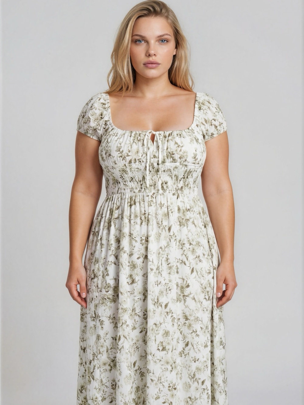 Smocked Square-Neck Floral Maxi Dress in Cream and Olive